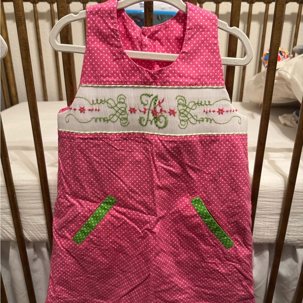 Smocked “A” initial Pink Polka Dot Toddler Dress (Beauxet Belles)